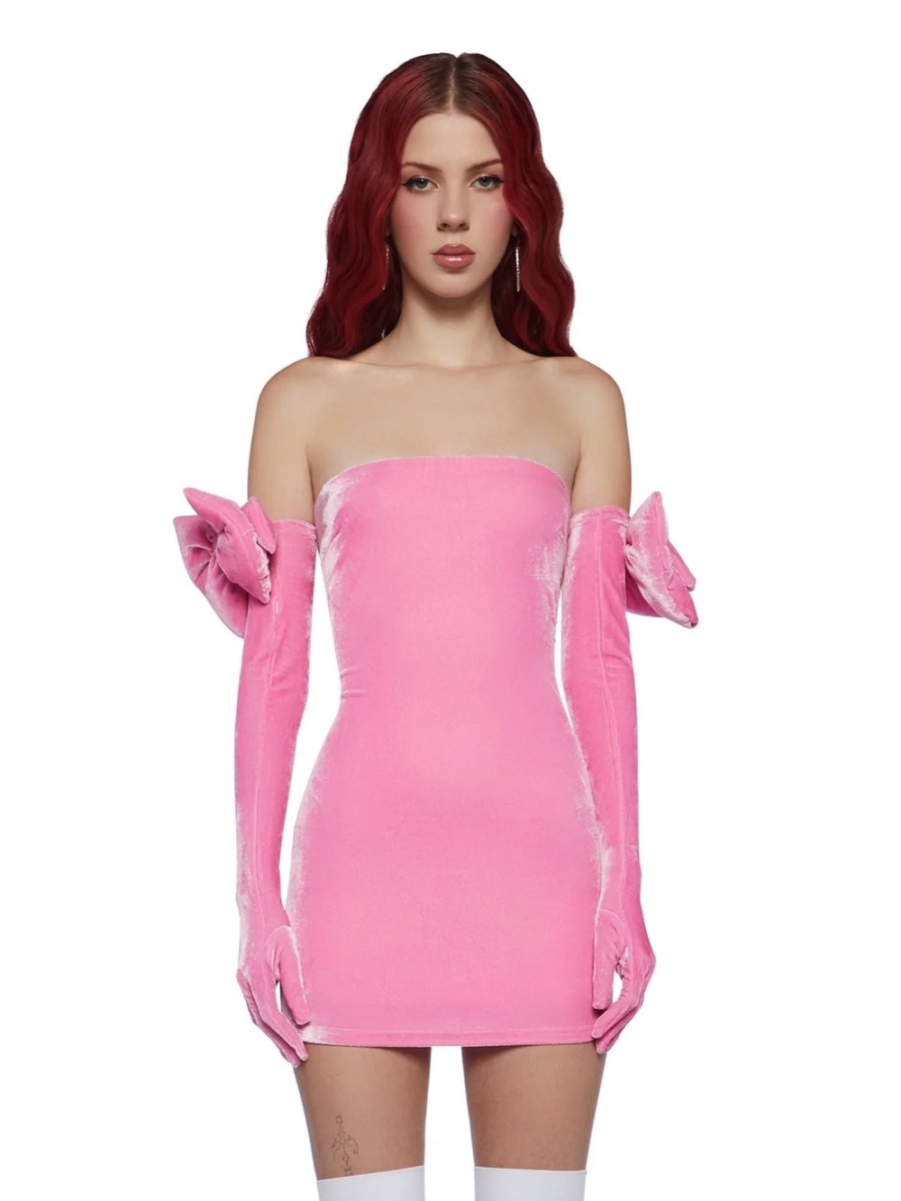 NWT Sugar Thrillz Pink Velvet Strapless Mini Dress with Bow Sleeves